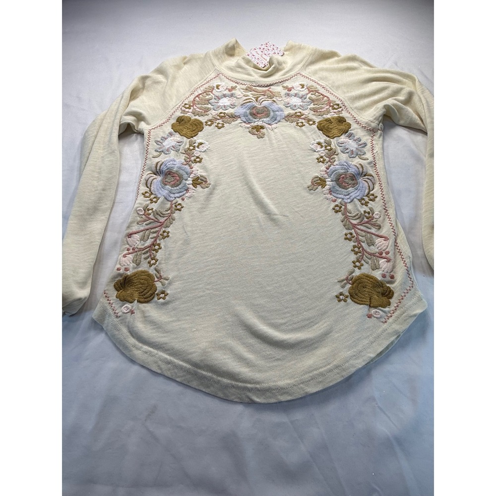 Free People Embroidered Mock Neck Long Sleeve Top Cream Floral Boho Large NEW